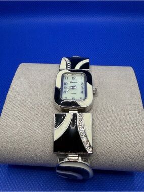 Japan Geneva Black and White Enamel Bracelet Watch with Crystal Accents